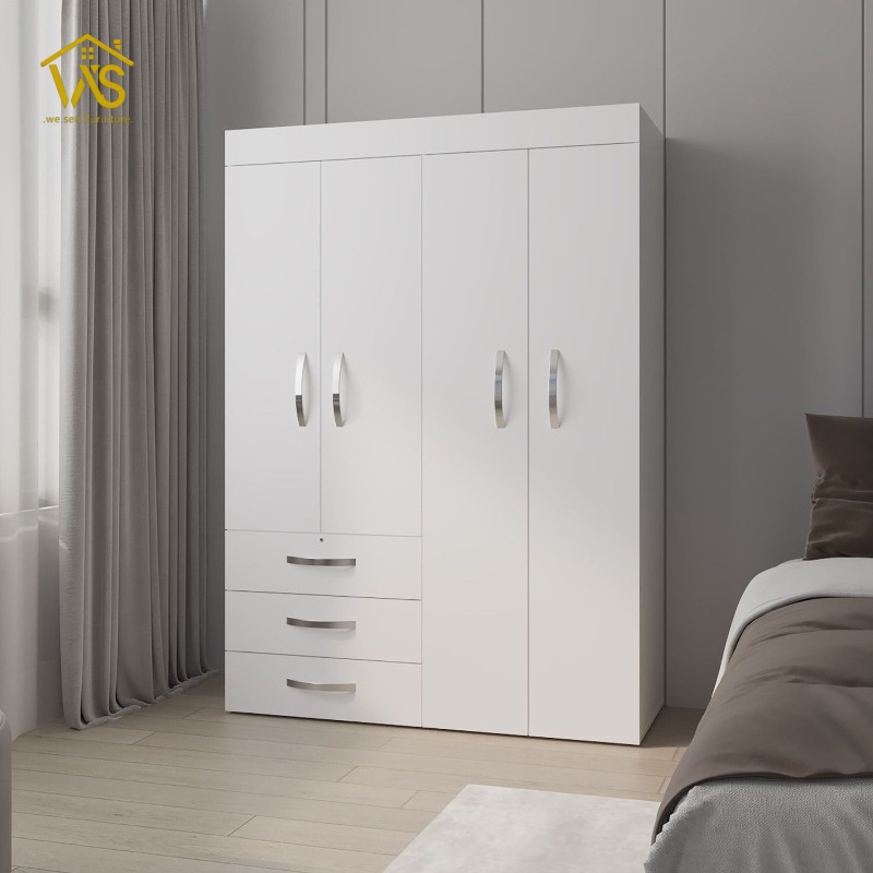 White 4 door wardrobe closet with 3 bottom storage drawers, double hanging zones and adjustable shelves