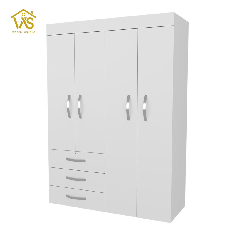 White 4 door wardrobe closet with 3 bottom storage drawers, double hanging zones and adjustable shelves