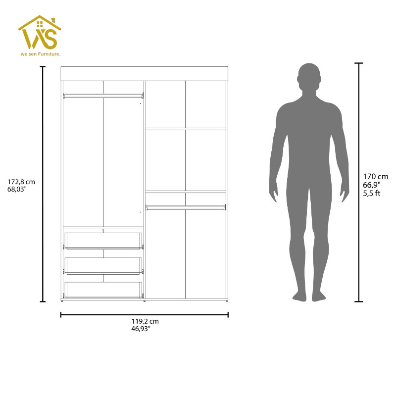 White 4 door wardrobe closet with 3 bottom storage drawers, double hanging zones and adjustable shelves