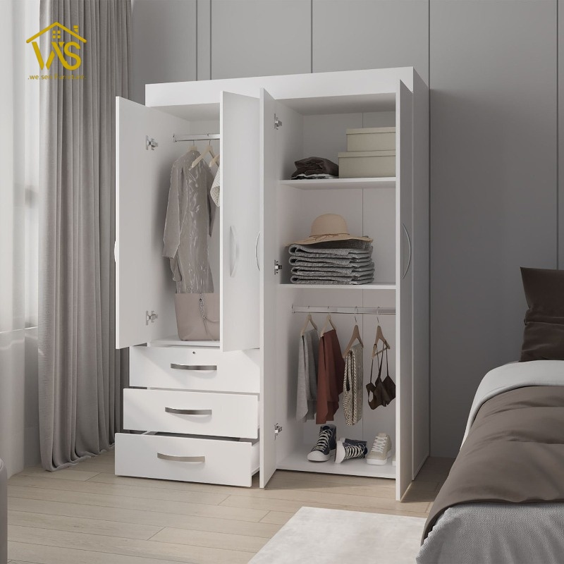 White 4 door wardrobe closet with 3 bottom storage drawers, double hanging zones and adjustable shelves