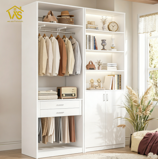 80 Inch Minimalist Freestanding Tall Storage Chest of Drawers, Multi-Tier Adjustable Open Shelving, 4 Large Pull-Out Drawers Anti-Tip Design Waterproof Surface Space Saving Bedroom Closet Book Cosmetic Storage Cabinet