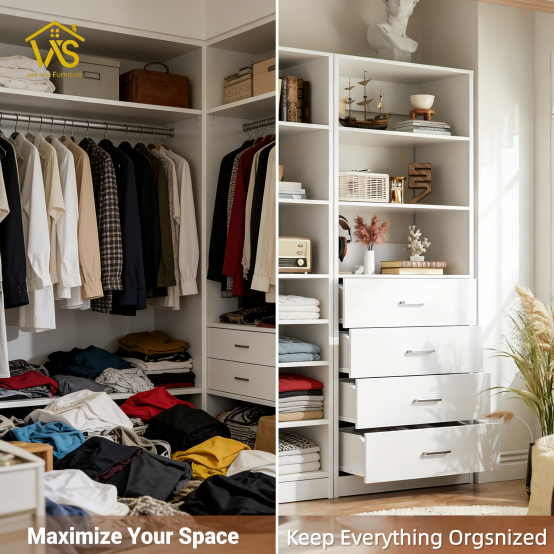 80 Inch Minimalist Freestanding Tall Storage Chest of Drawers, Multi-Tier Adjustable Open Shelving, 4 Large Pull-Out Drawers Anti-Tip Design Waterproof Surface Space Saving Bedroom Closet Book Cosmetic Storage Cabinet