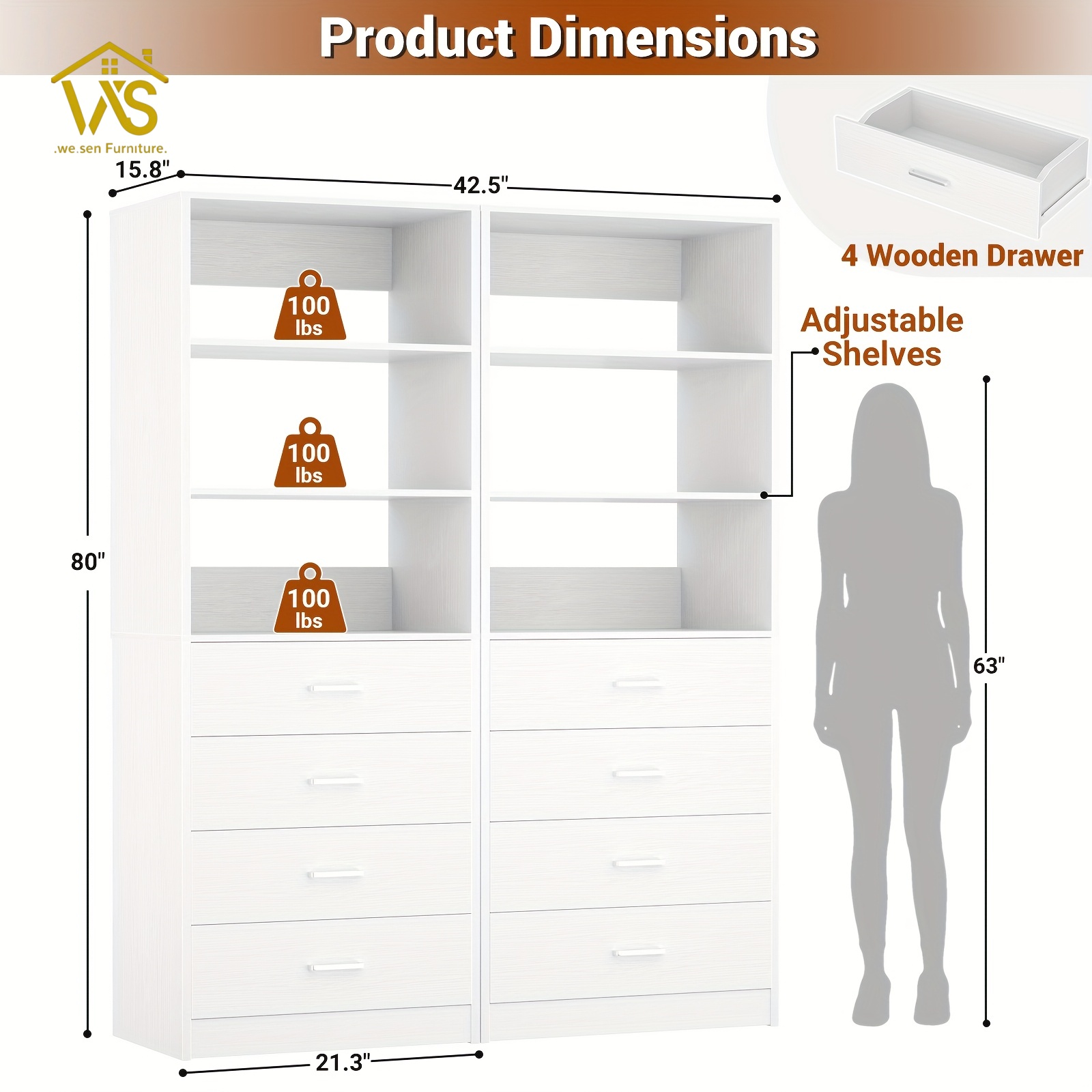 80 Inch Minimalist Freestanding Tall Storage Chest of Drawers, Multi-Tier Adjustable Open Shelving, 4 Large Pull-Out Drawers Anti-Tip Design Waterproof Surface Space Saving Bedroom Closet Book Cosmetic Storage Cabinet