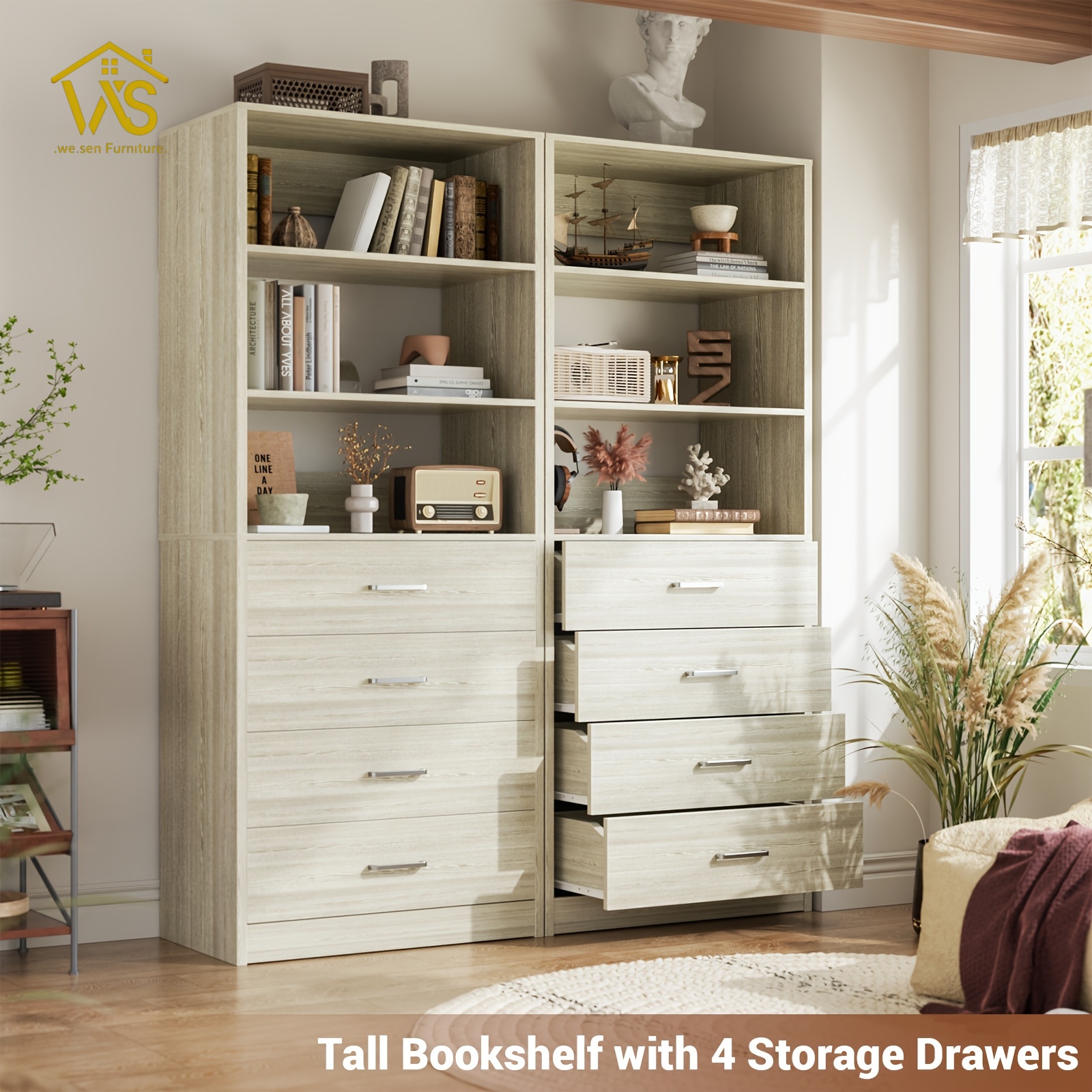80 Inch Minimalist Freestanding Tall Storage Chest of Drawers, Multi-Tier Adjustable Open Shelving, 4 Large Pull-Out Drawers Anti-Tip Design Waterproof Surface Space Saving Bedroom Closet Book Cosmetic Storage Cabinet