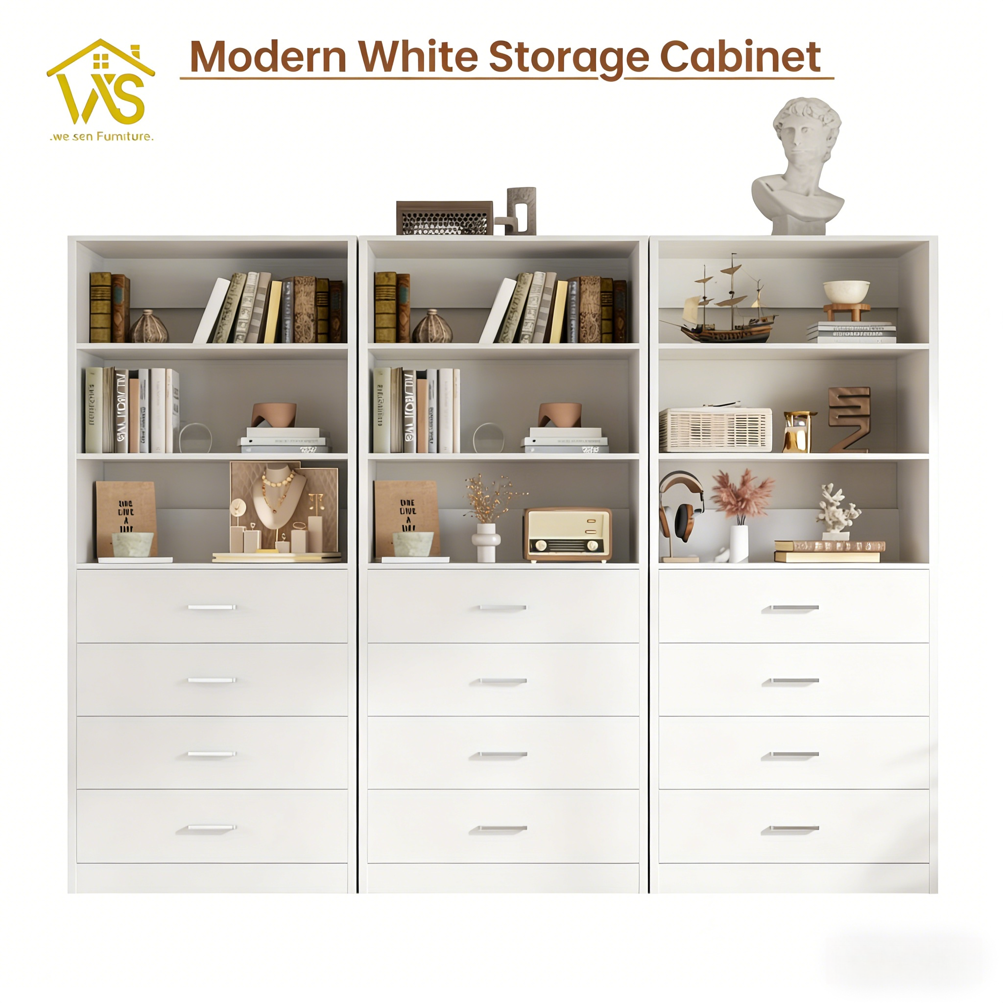 80 Inch Minimalist Freestanding Tall Storage Chest of Drawers, Multi-Tier Adjustable Open Shelving, 4 Large Pull-Out Drawers Anti-Tip Design Waterproof Surface Space Saving Bedroom Closet Book Cosmetic Storage Cabinet