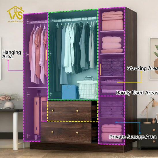 Modern Tall Freestanding Mirrored Wardrobe Closet, 4 Full Mirror Panel Doors Under-Cabinet LED Floor Light Strip, Dual Heavy-Duty Hanging Poles 2 Privacy Drawers 3-Section Silent Slides Multi Compartment Clothing Storage Cabinet for Master Bedroom Apartment