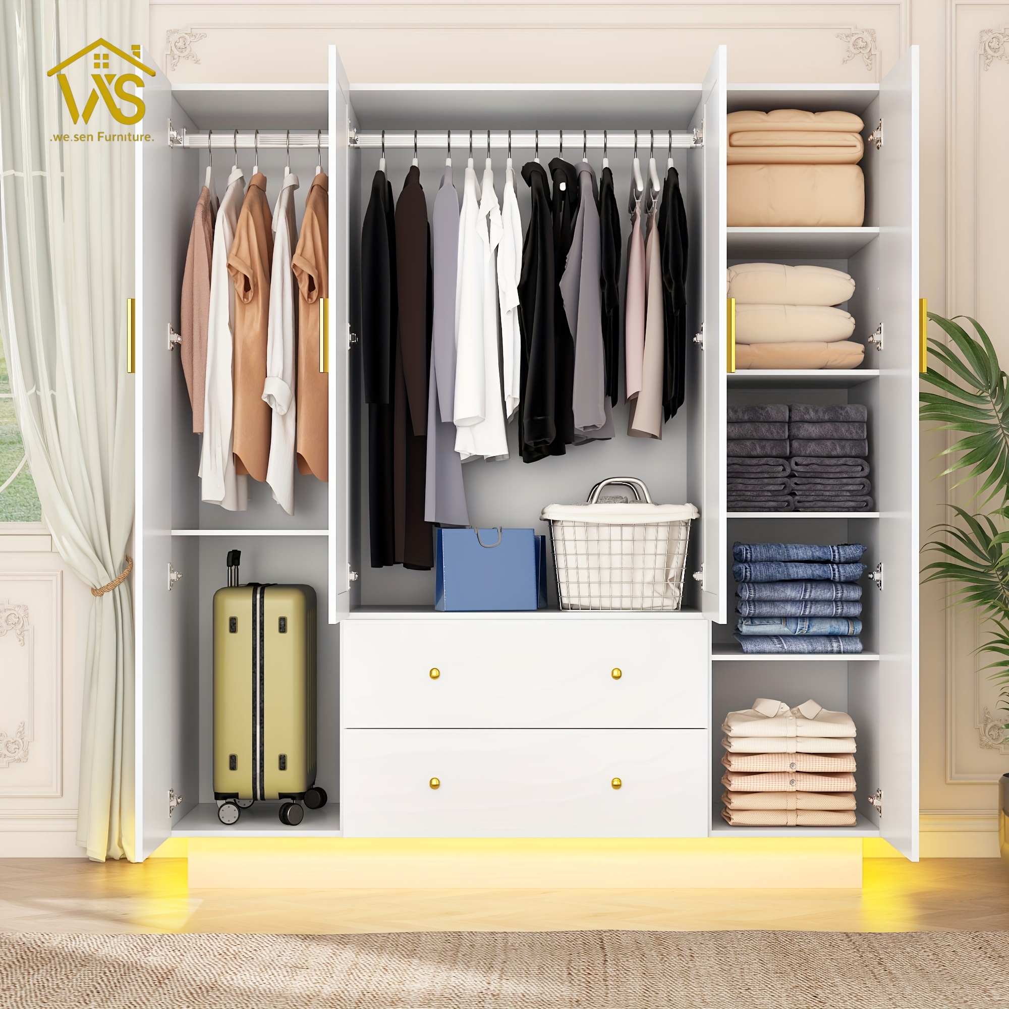 Modern Tall Freestanding Mirrored Wardrobe Closet, 4 Full Mirror Panel Doors Under-Cabinet LED Floor Light Strip, Dual Heavy-Duty Hanging Poles 2 Privacy Drawers 3-Section Silent Slides Multi Compartment Clothing Storage Cabinet for Master Bedroom Apartment