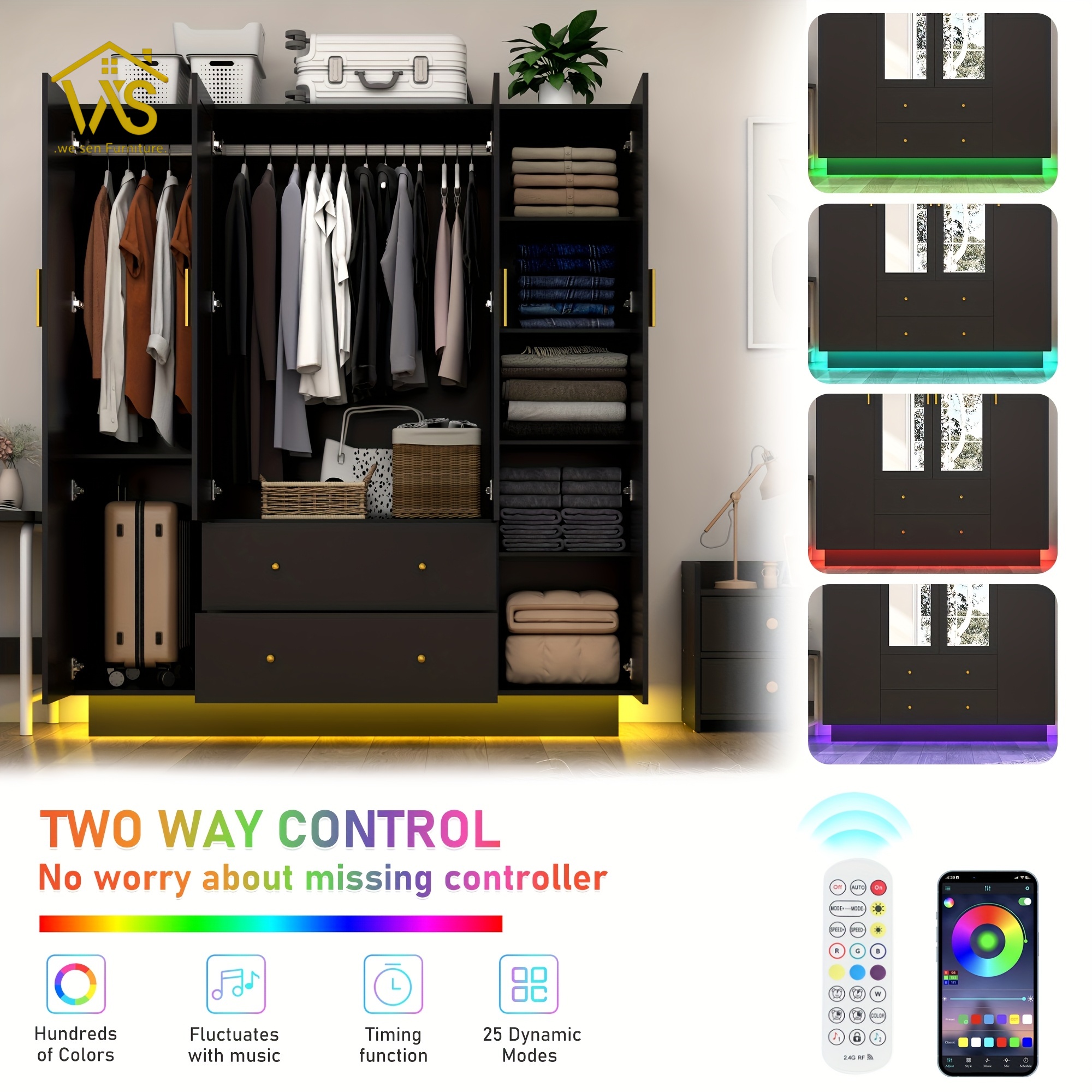 Modern Tall Freestanding Mirrored Wardrobe Closet, 4 Full Mirror Panel Doors Under-Cabinet LED Floor Light Strip, Dual Heavy-Duty Hanging Poles 2 Privacy Drawers 3-Section Silent Slides Multi Compartment Clothing Storage Cabinet for Master Bedroom Apartment