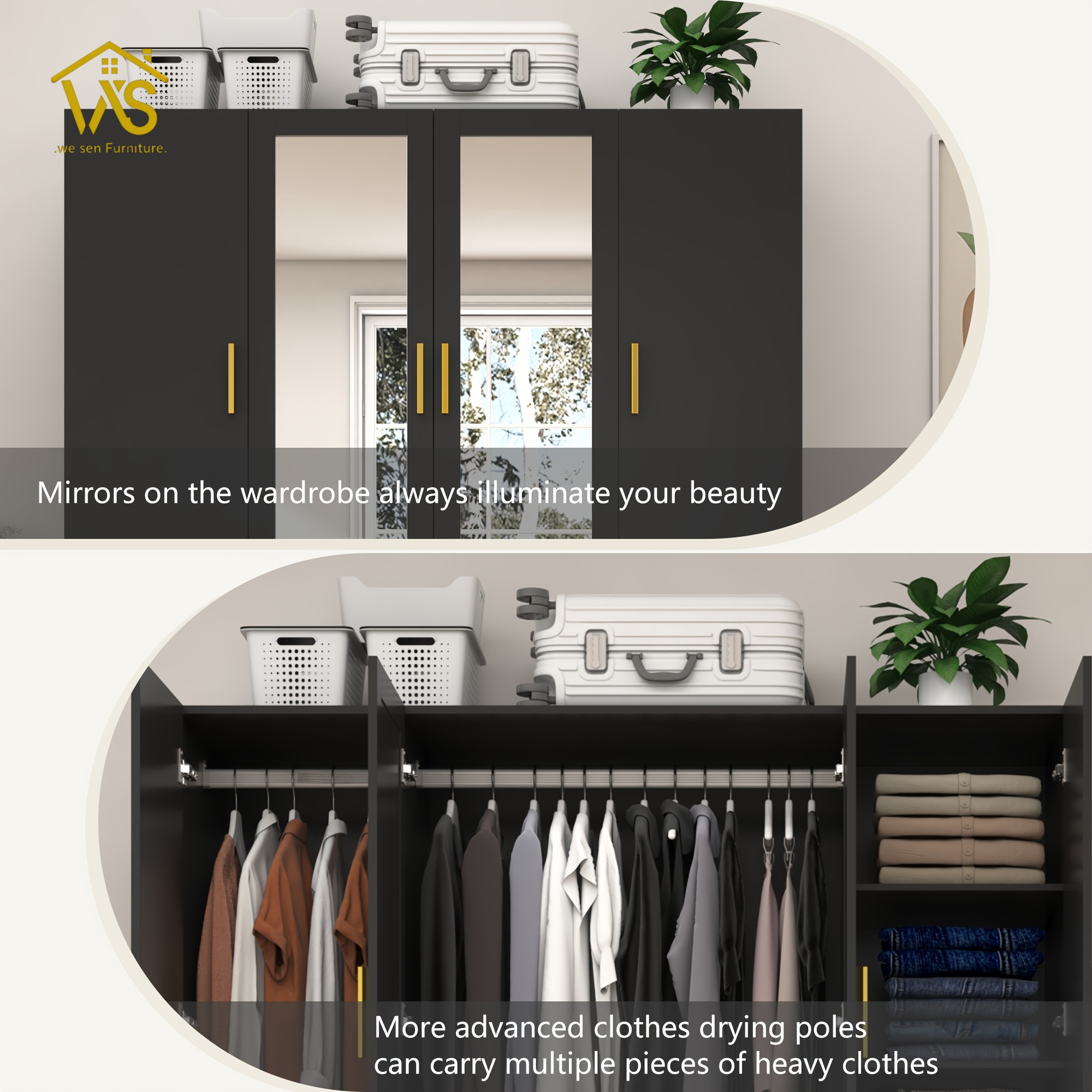 Modern Tall Freestanding Mirrored Wardrobe Closet, 4 Full Mirror Panel Doors Under-Cabinet LED Floor Light Strip, Dual Heavy-Duty Hanging Poles 2 Privacy Drawers 3-Section Silent Slides Multi Compartment Clothing Storage Cabinet for Master Bedroom Apartment