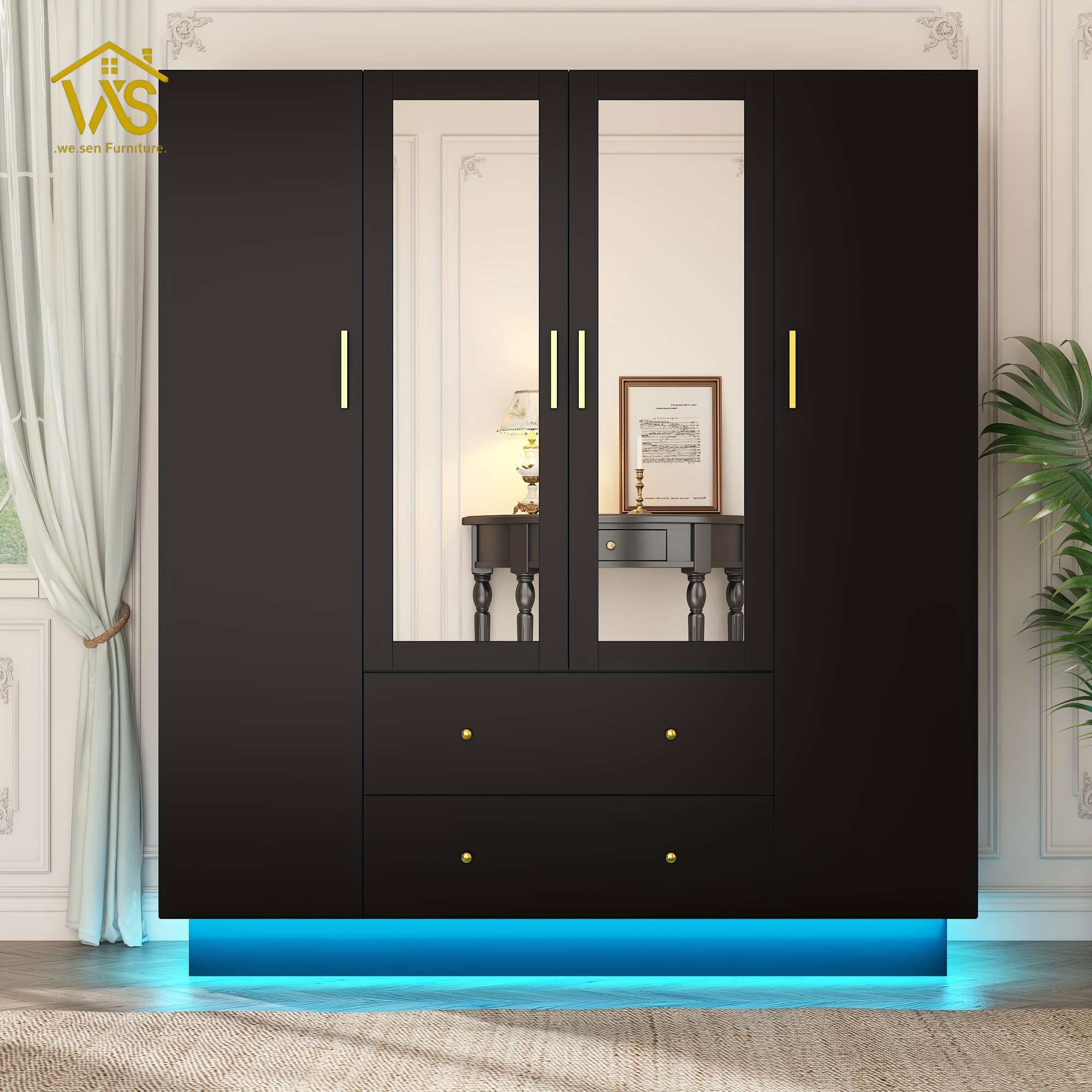 Modern Tall Freestanding Mirrored Wardrobe Closet, 4 Full Mirror Panel Doors Under-Cabinet LED Floor Light Strip, Dual Heavy-Duty Hanging Poles 2 Privacy Drawers 3-Section Silent Slides Multi Compartment Clothing Storage Cabinet for Master Bedroom Apartment