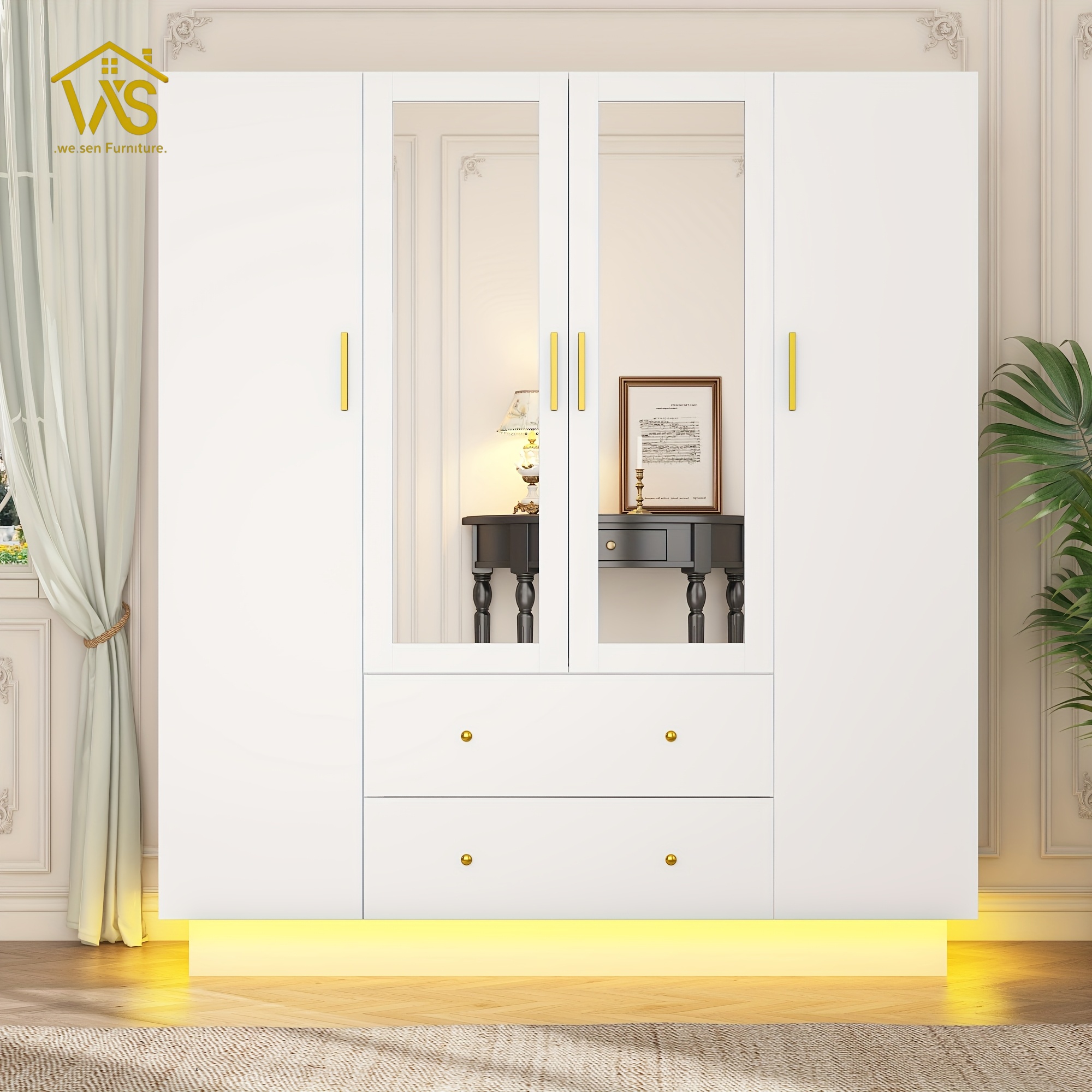 Modern Tall Freestanding Mirrored Wardrobe Closet, 4 Full Mirror Panel Doors Under-Cabinet LED Floor Light Strip, Dual Heavy-Duty Hanging Poles 2 Privacy Drawers 3-Section Silent Slides Multi Compartment Clothing Storage Cabinet for Master Bedroom Apartment