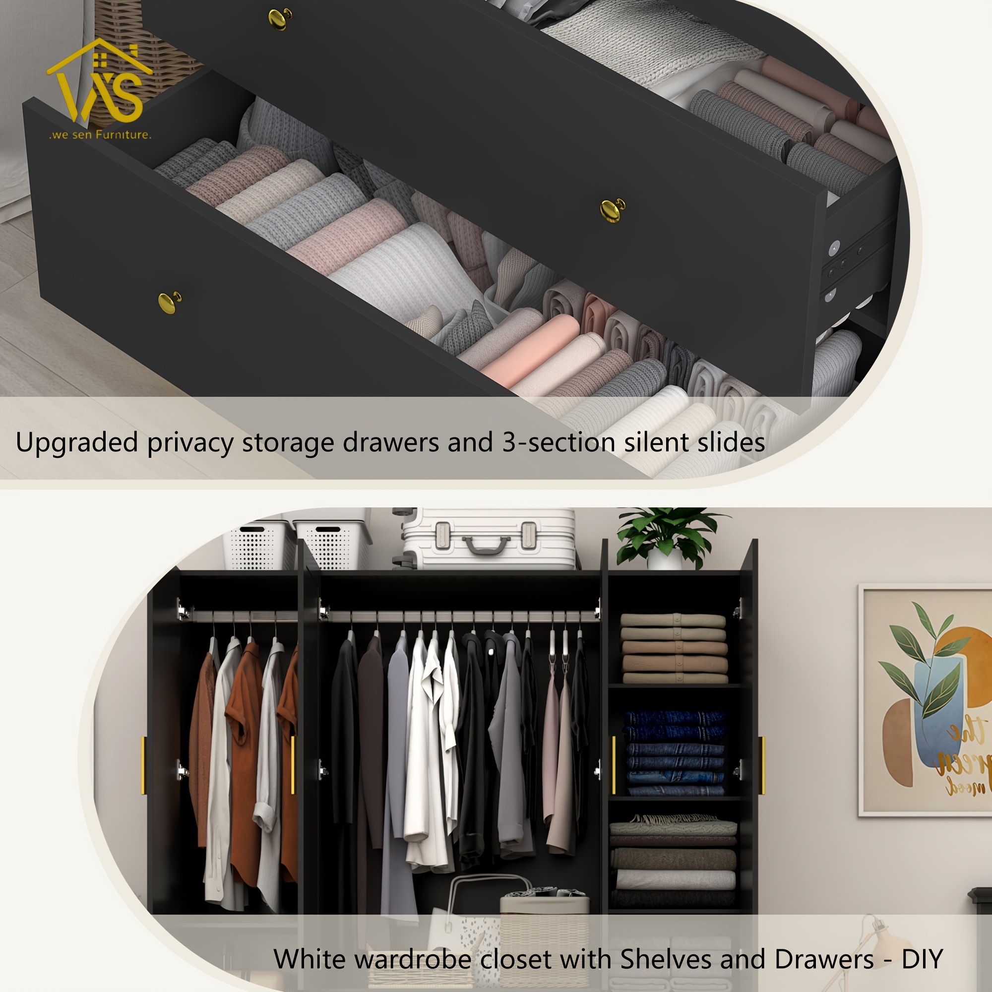 Modern Tall Freestanding Mirrored Wardrobe Closet, 4 Full Mirror Panel Doors Under-Cabinet LED Floor Light Strip, Dual Heavy-Duty Hanging Poles 2 Privacy Drawers 3-Section Silent Slides Multi Compartment Clothing Storage Cabinet for Master Bedroom Apartment