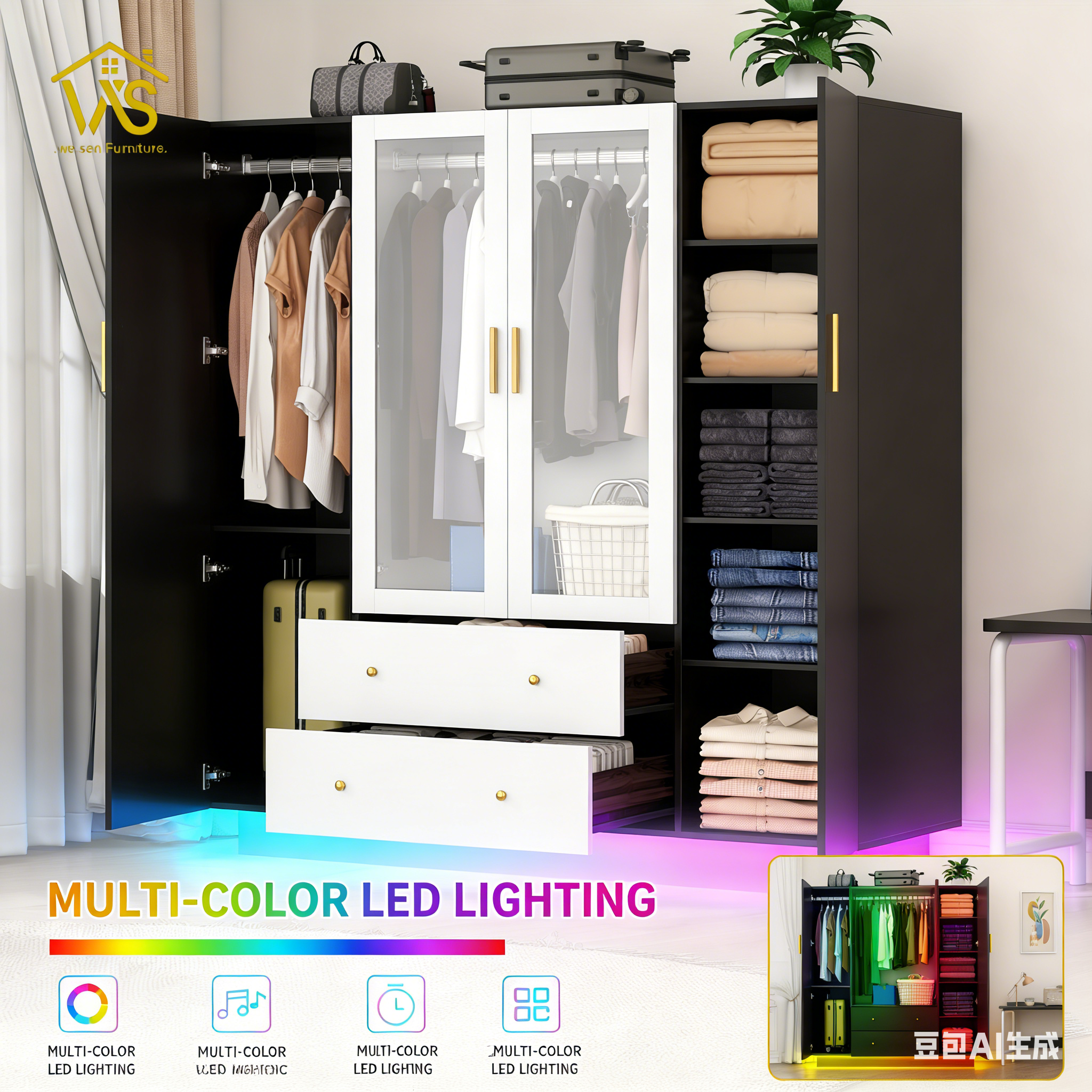Modern Tall Freestanding Mirrored Wardrobe Closet, 4 Full Mirror Panel Doors Under-Cabinet LED Floor Light Strip, Dual Heavy-Duty Hanging Poles 2 Privacy Drawers 3-Section Silent Slides Multi Compartment Clothing Storage Cabinet for Master Bedroom Apartment