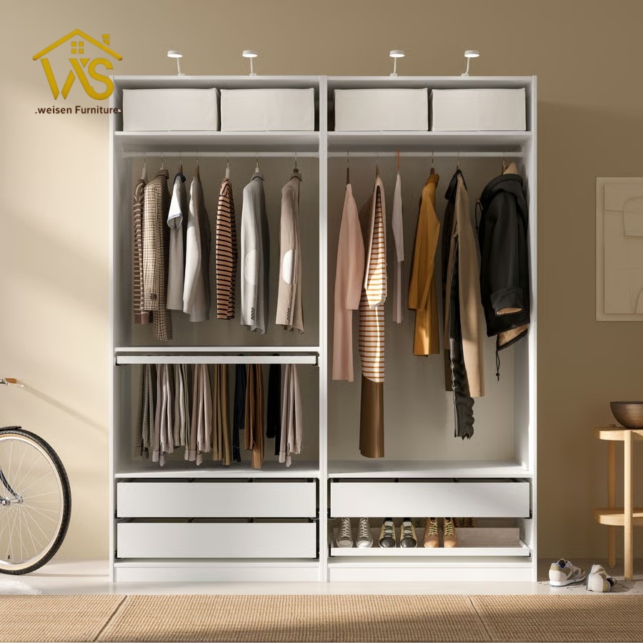 Minimalist No-Door Freestanding Modular Wardrobe Module, Fully Customizable DIY Combination Walk-In Closet Organizer with Pre-Drilled Adjustable Peg Holes, Multi-Size Silent Slide Drawers Multi-Zone Hanging & Folded Clothing Storage Cabinet