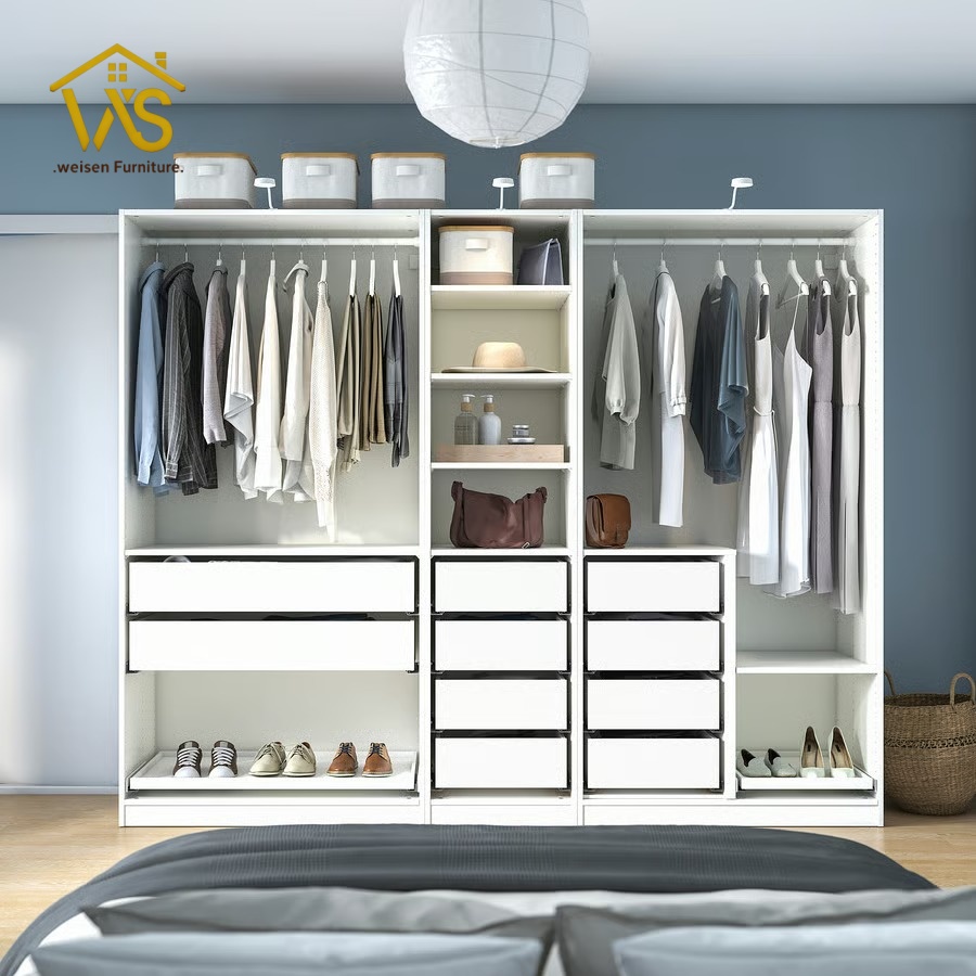 Minimalist No-Door Freestanding Modular Wardrobe Module, Fully Customizable DIY Combination Walk-In Closet Organizer with Pre-Drilled Adjustable Peg Holes, Multi-Size Silent Slide Drawers Multi-Zone Hanging & Folded Clothing Storage Cabinet