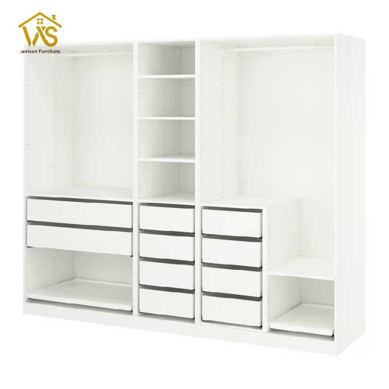 Minimalist No-Door Freestanding Modular Wardrobe Module, Fully Customizable DIY Combination Walk-In Closet Organizer with Pre-Drilled Adjustable Peg Holes, Multi-Size Silent Slide Drawers Multi-Zone Hanging & Folded Clothing Storage Cabinet
