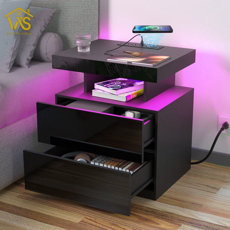 Modern High-Tech RGB Ambient Light Nightstand, Bluetooth App Remote Dual Control Music Sync Timing Dimmable LED Strip, Integrated 15W Wireless Fast Charging Station Multi Socket Power Strip 2 Large Storage Drawers Asymmetrical Layered Bedside Cabinet for Bedroom Gaming Room