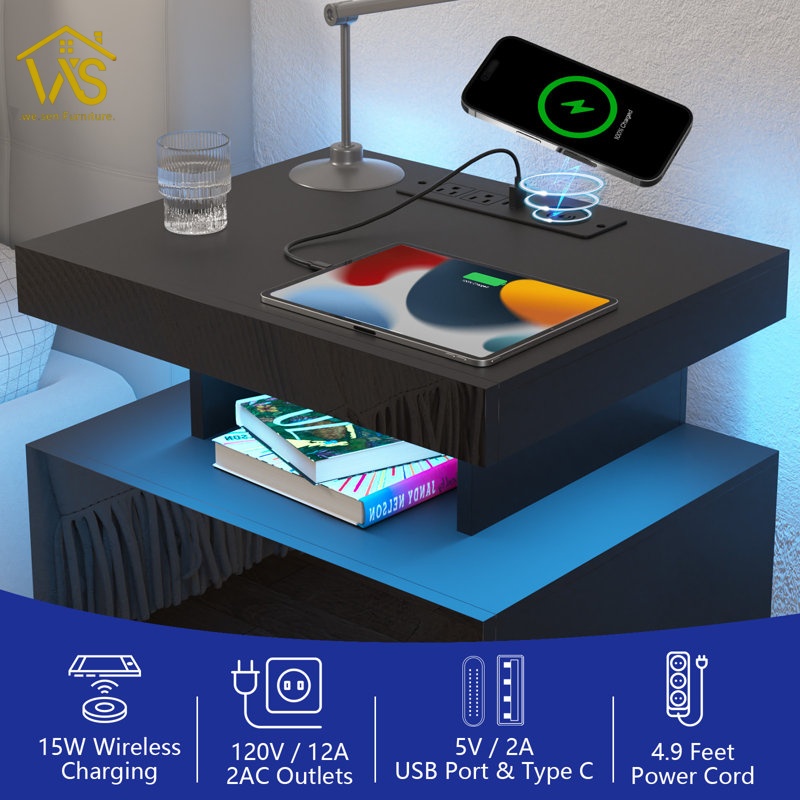 Modern High-Tech RGB Ambient Light Nightstand, Bluetooth App Remote Dual Control Music Sync Timing Dimmable LED Strip, Integrated 15W Wireless Fast Charging Station Multi Socket Power Strip 2 Large Storage Drawers Asymmetrical Layered Bedside Cabinet for Bedroom Gaming Room
