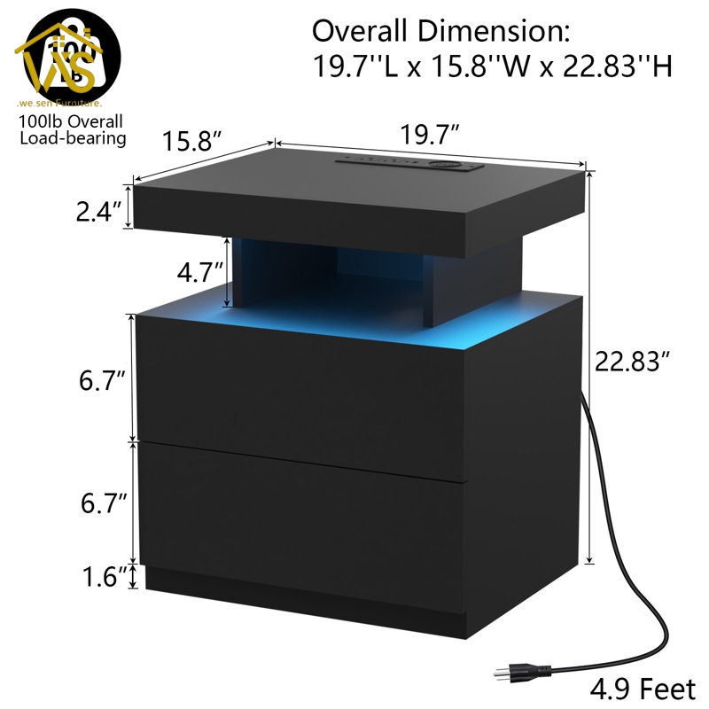 Modern High-Tech RGB Ambient Light Nightstand, Bluetooth App Remote Dual Control Music Sync Timing Dimmable LED Strip, Integrated 15W Wireless Fast Charging Station Multi Socket Power Strip 2 Large Storage Drawers Asymmetrical Layered Bedside Cabinet for Bedroom Gaming Room