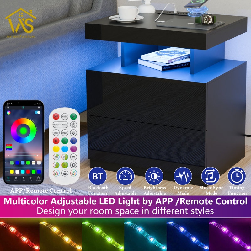 Modern High-Tech RGB Ambient Light Nightstand, Bluetooth App Remote Dual Control Music Sync Timing Dimmable LED Strip, Integrated 15W Wireless Fast Charging Station Multi Socket Power Strip 2 Large Storage Drawers Asymmetrical Layered Bedside Cabinet for Bedroom Gaming Room