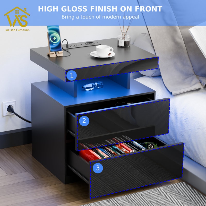 Modern High-Tech RGB Ambient Light Nightstand, Bluetooth App Remote Dual Control Music Sync Timing Dimmable LED Strip, Integrated 15W Wireless Fast Charging Station Multi Socket Power Strip 2 Large Storage Drawers Asymmetrical Layered Bedside Cabinet for Bedroom Gaming Room