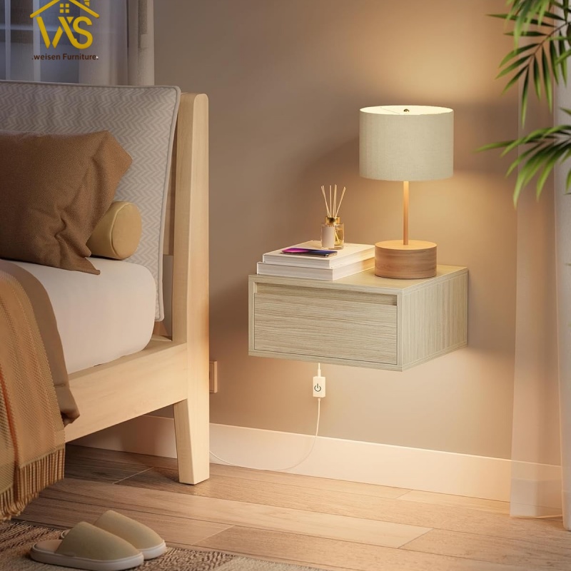 Minimalist Floating Wall Mounted Bedside Table, Remote Operated Warm Neutral Cool Adjustable Under Cabinet LED Ambient Light, Large Handleless Silent Slide Drawer 50KG Heavy Load Wall Hung Space Saving Bedroom Nightstand
