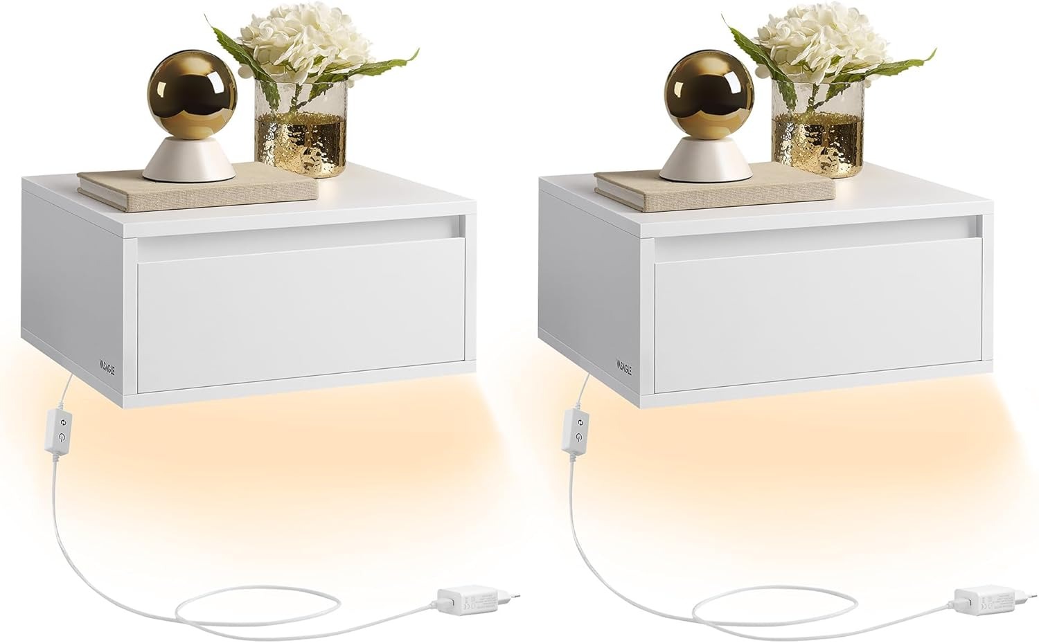 Minimalist Floating Wall Mounted Bedside Table, Remote Operated Warm Neutral Cool Adjustable Under Cabinet LED Ambient Light, Large Handleless Silent Slide Drawer 50KG Heavy Load Wall Hung Space Saving Bedroom Nightstand