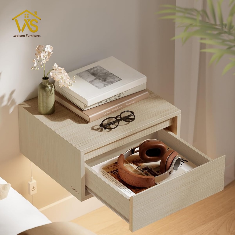 Minimalist Floating Wall Mounted Bedside Table, Remote Operated Warm Neutral Cool Adjustable Under Cabinet LED Ambient Light, Large Handleless Silent Slide Drawer 50KG Heavy Load Wall Hung Space Saving Bedroom Nightstand