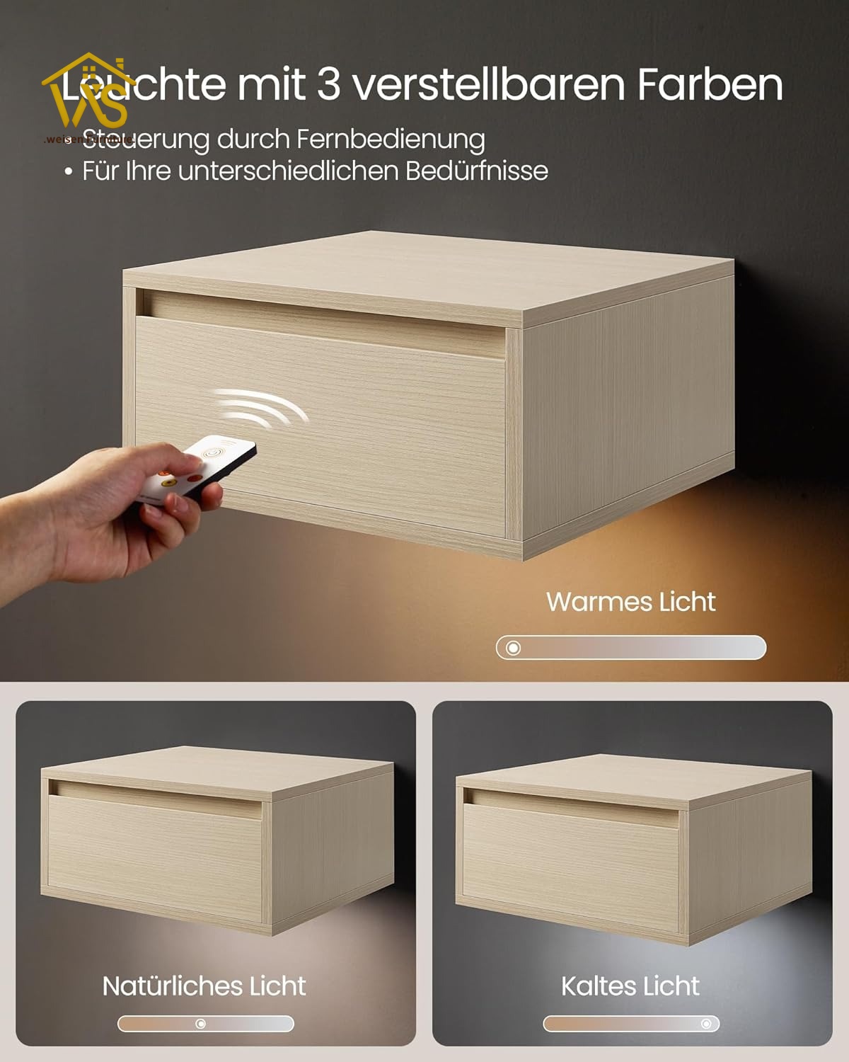Minimalist Floating Wall Mounted Bedside Table, Remote Operated Warm Neutral Cool Adjustable Under Cabinet LED Ambient Light, Large Handleless Silent Slide Drawer 50KG Heavy Load Wall Hung Space Saving Bedroom Nightstand