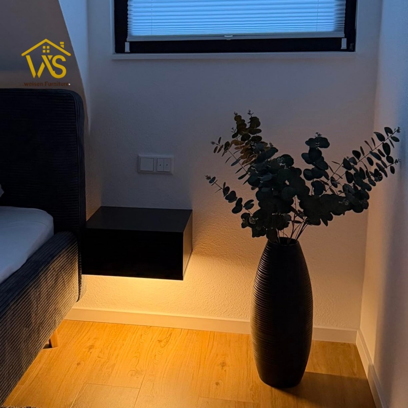 Minimalist Floating Wall Mounted Bedside Table, Remote Operated Warm Neutral Cool Adjustable Under Cabinet LED Ambient Light, Large Handleless Silent Slide Drawer 50KG Heavy Load Wall Hung Space Saving Bedroom Nightstand