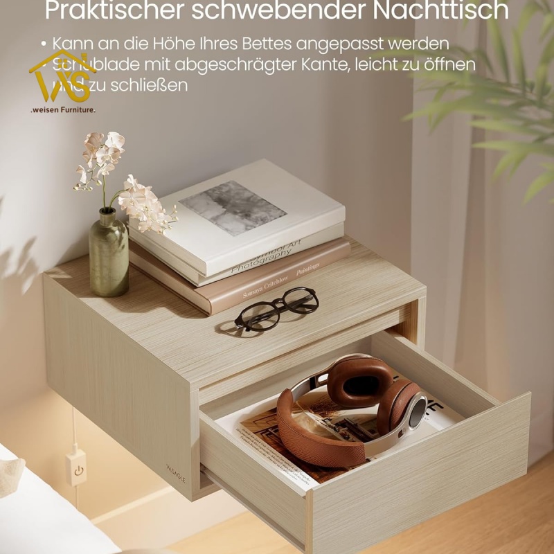 Minimalist Floating Wall Mounted Bedside Table, Remote Operated Warm Neutral Cool Adjustable Under Cabinet LED Ambient Light, Large Handleless Silent Slide Drawer 50KG Heavy Load Wall Hung Space Saving Bedroom Nightstand