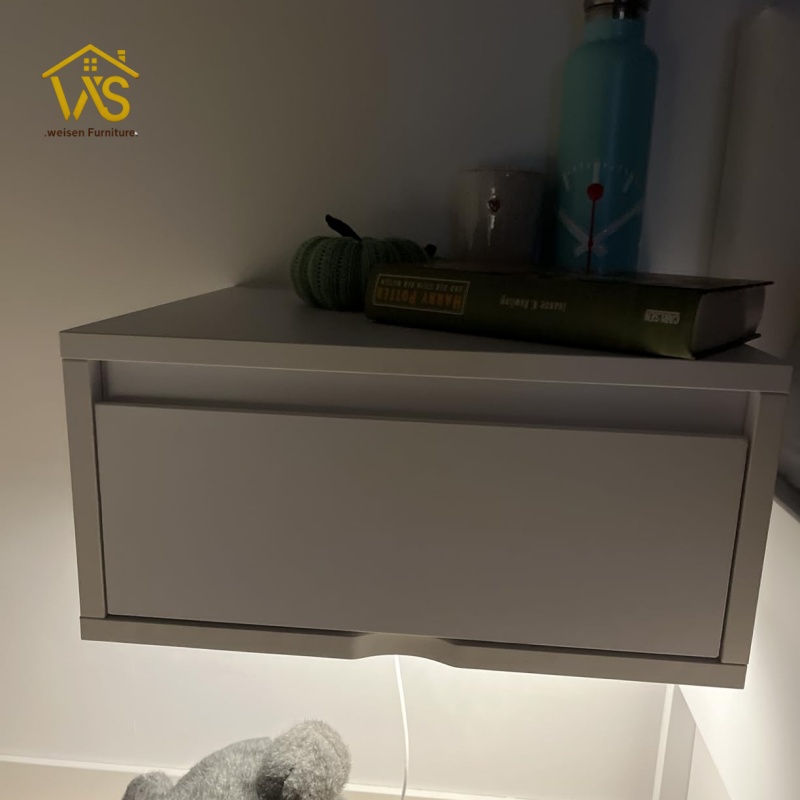Minimalist Floating Wall Mounted Bedside Table, Remote Operated Warm Neutral Cool Adjustable Under Cabinet LED Ambient Light, Large Handleless Silent Slide Drawer 50KG Heavy Load Wall Hung Space Saving Bedroom Nightstand